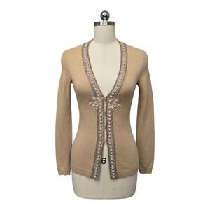 J.Crew Tan Merino Angora Cashmere Beaded Pearl Cardigan Sweater XS RN77388